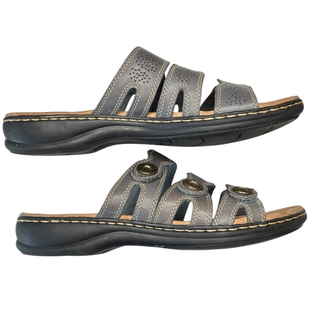 Clarks Soft Cushioned Leisa Taupe Leather Strap SlipOn Sandals Sz 9.5 Adjustable - Picture 2 of 10